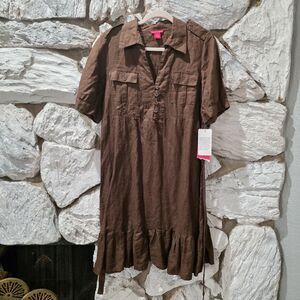 Sunny Leigh 100% Linen Shirt Dress 14 Coastal Beach Lounge Pockets Brown Ruffle